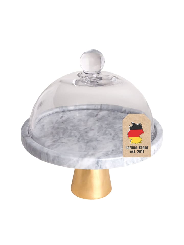 Kuchenplatte mit Glas Haube Tortenständer in Weiß - Grau - Gold
