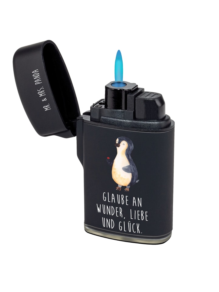 Feuerzeug Pinguin Marienkäfer mit Spruch in Schwarz
