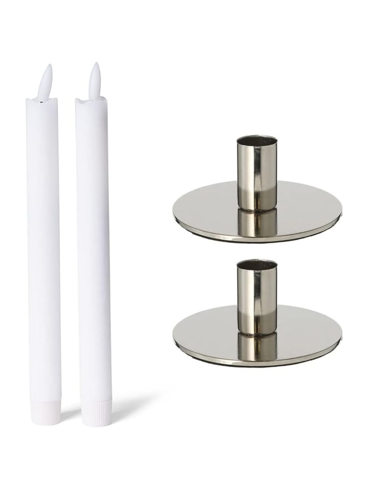 2er-Set Stabkerzenhalter Metall Silber 10x5cm mit LED-Stabkerze Echtwa in Silber