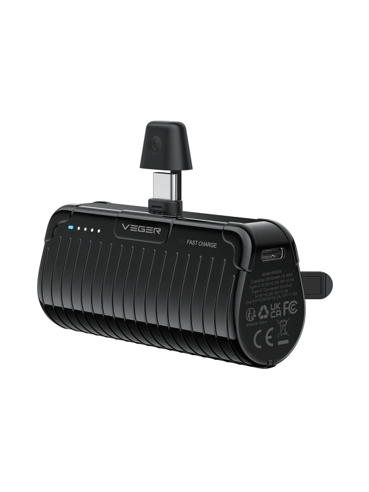 Powerbank 5000 mAh mit integriertem Typ C PlugOn PD QC3.0 in Schwarz