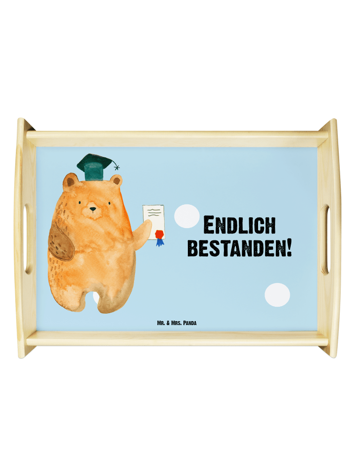 Tablett Bär Prüfung mit Spruch in Blau Pastell