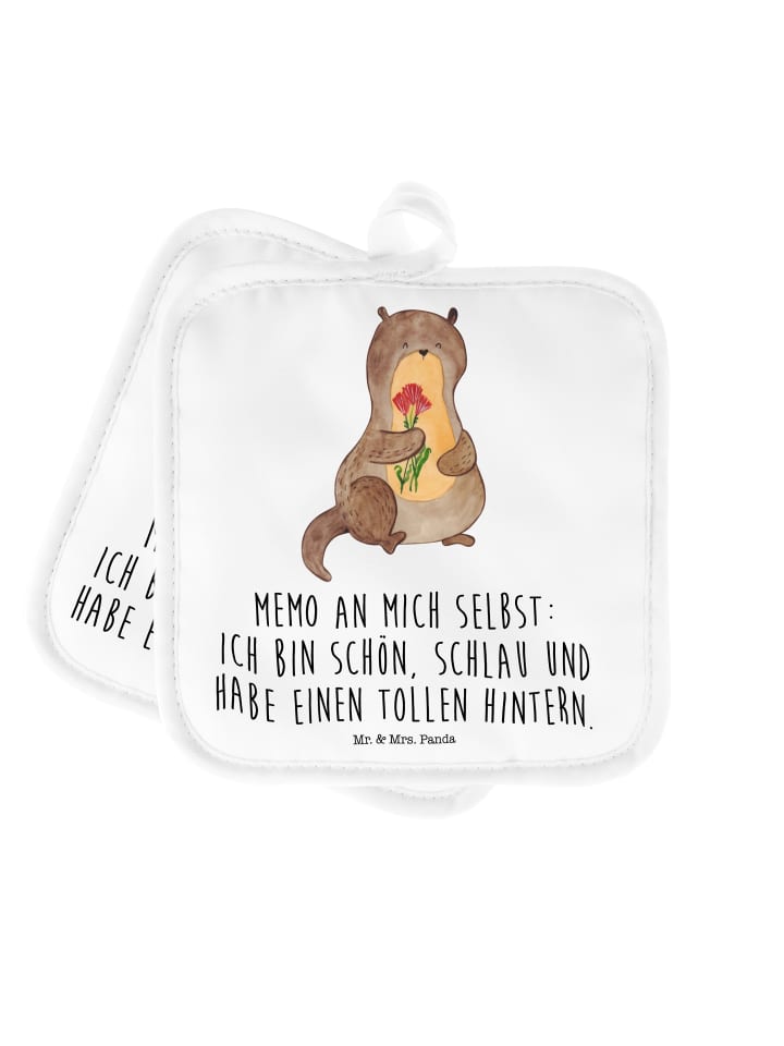 Topflappen Otter Blumenstrauß mit Spruch in Weiß