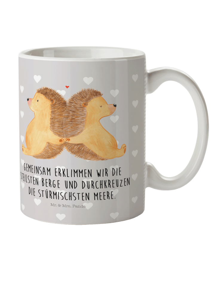 Mehrwegbecher Igel händchenhaltend mit Spruch in Grau Pastell