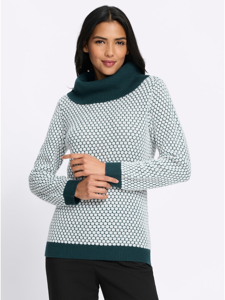 Rollkragen-Pullover in petrol-ecru-gemustert