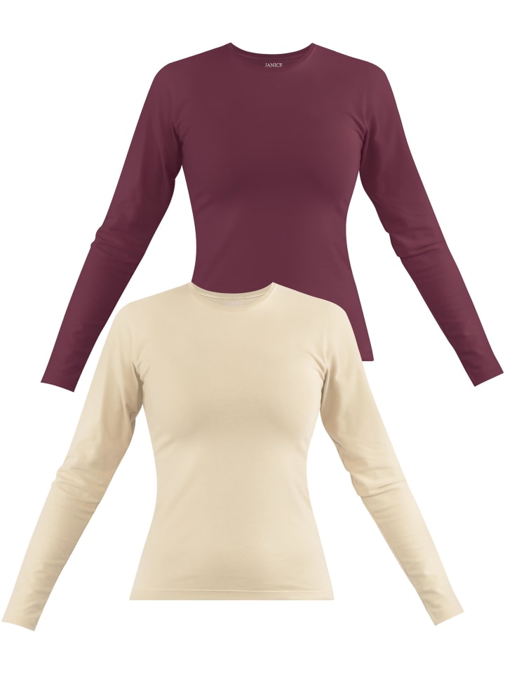 2 x Damen Langarmshirt hochgeschlossen Niska in Beige/Burgund