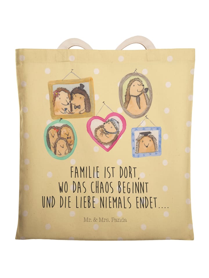 Umhängetasche Igel Familie mit Spruch in Gelb Pastell