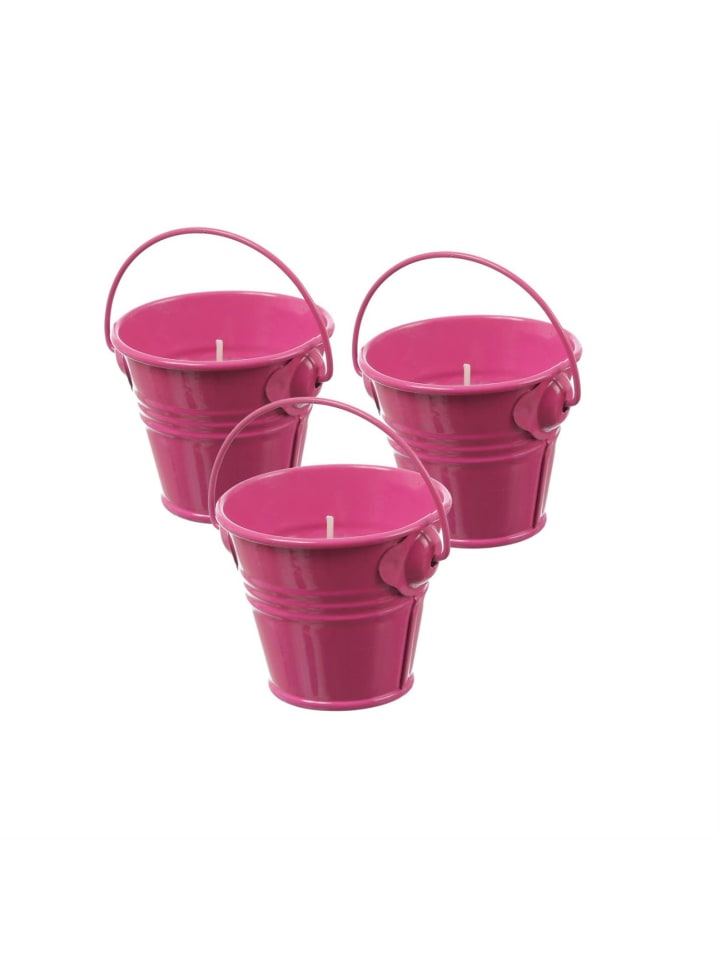 3x Duftkerzen Citronella im Metalleimer Outdoorkerzen H: 5,5cm in pink