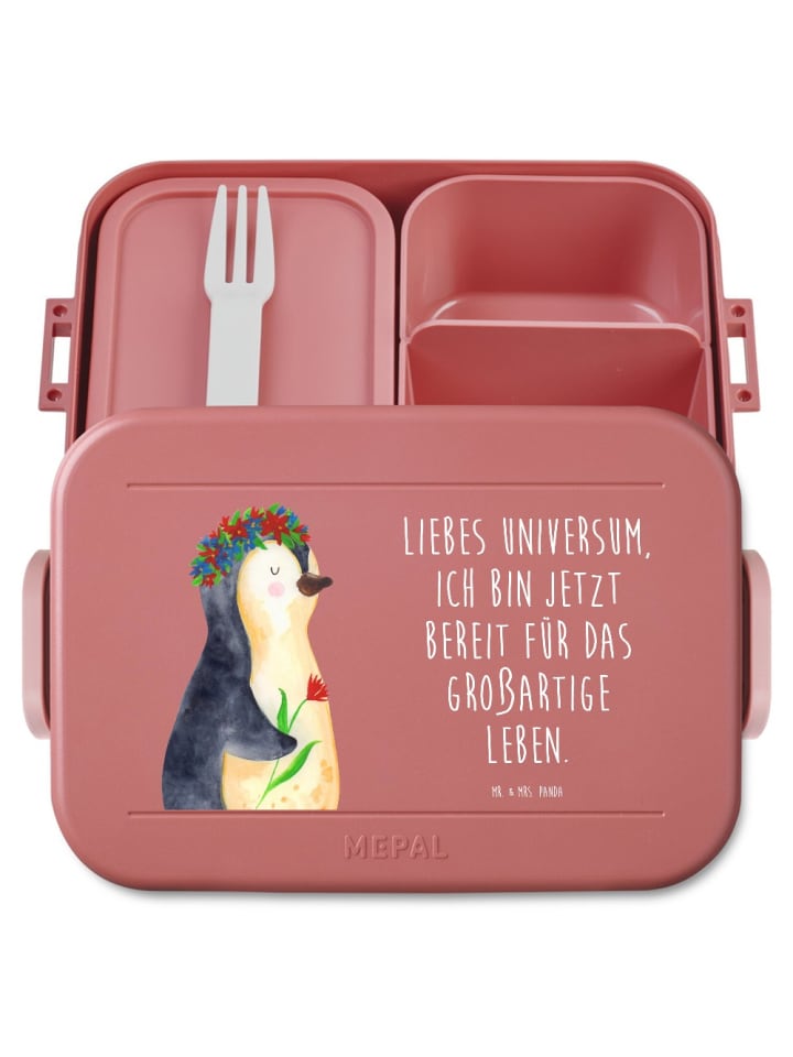 Snackbox Pinguin Blumen Motiv mit Spruch in Rot Pastell