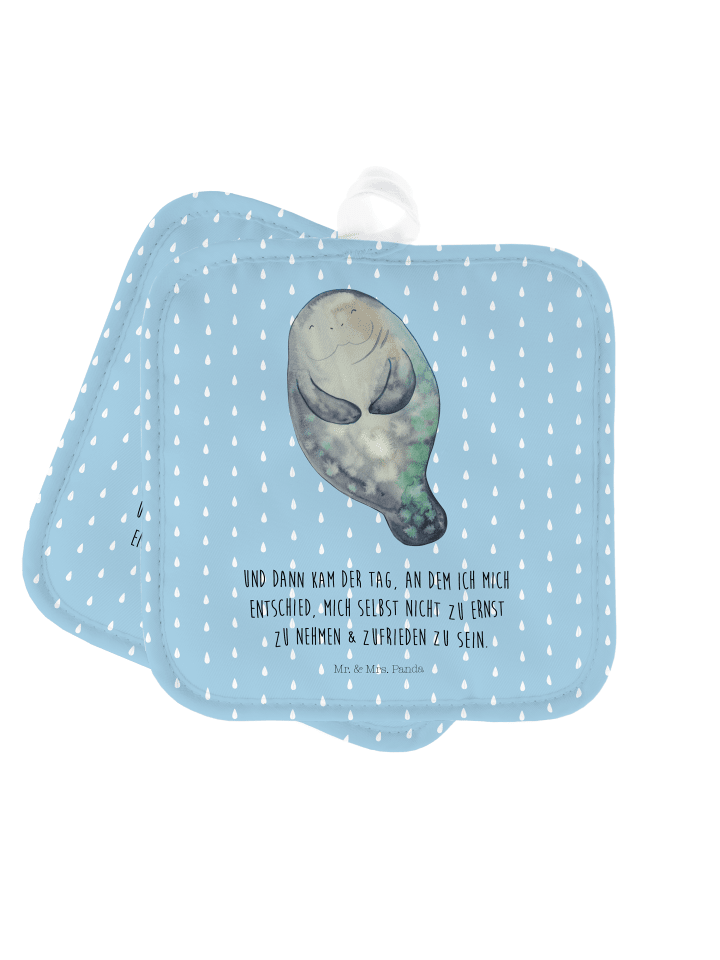 Topflappen Seekuh Happy mit Spruch in Blau Pastell