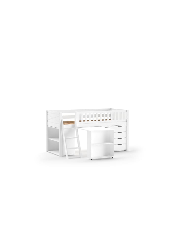 KINDERBETT Karyl 208x114x135 Massivholz Weiß Regal Kommode