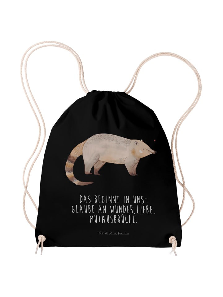 Rucksack-Beutel Nasenbär mit Spruch in Schwarz