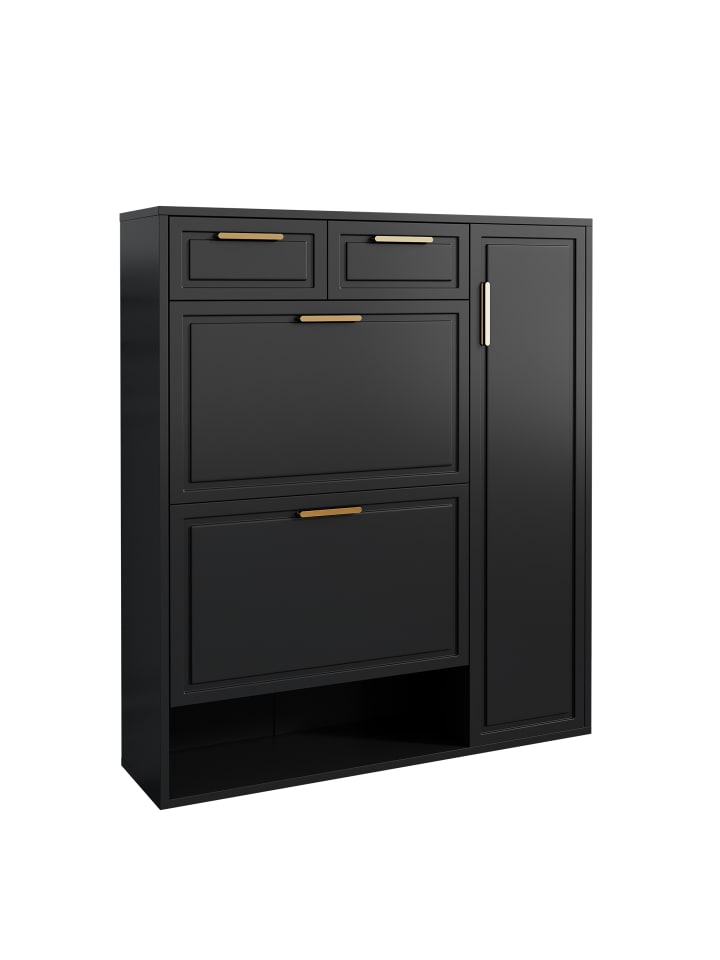 Schuhschrank in Schwarz mit goldenen Griffen B95 D24 H107.5 cm