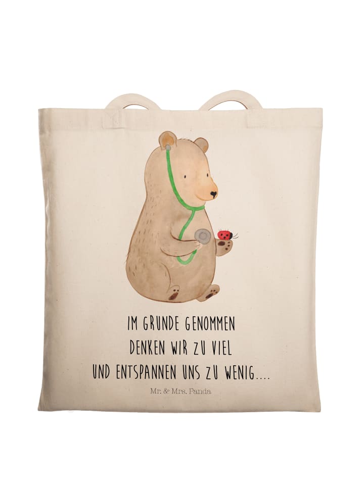 Einkaufstasche Bär Arzt mit Spruch in Creme