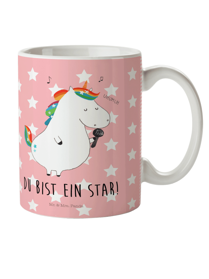Kaffeetasse Einhorn Sänger mit Spruch in Rot Pastell