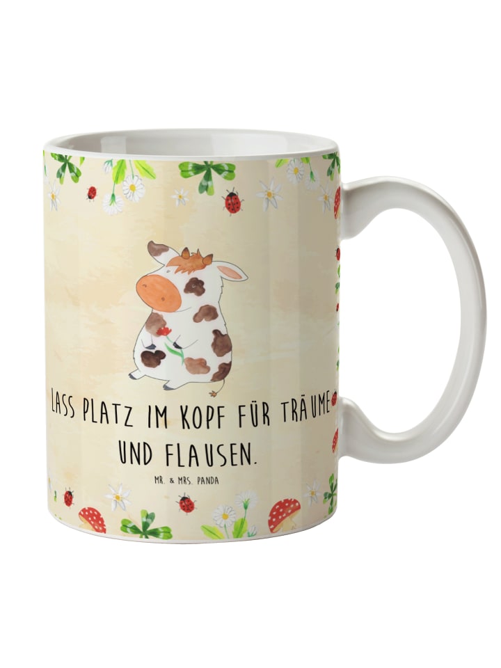 Keramiktasse Kuh mit Spruch in Naturpapier