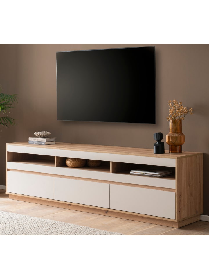 TV-Lowboard Kaschmir Sand und Eiche Artisan 202 cm, TV Unterteil mit Schubkästen