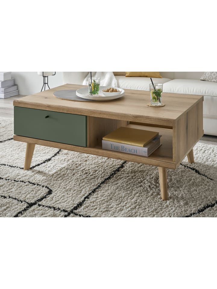 Couchtisch Salbei grün, Eiche skandinavisch 107 cm, Wohnzimmertisch mit Stauraum