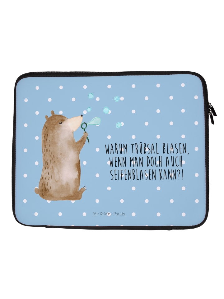 Laptoptasche Bär Seifenblasen mit Spruch in Blau Pastell