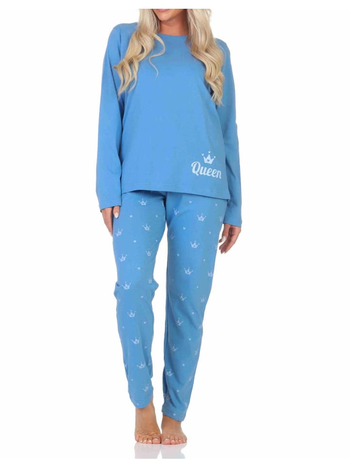 Schlafanzug Pyjama langarm Krone Motiv - 87994 in blau