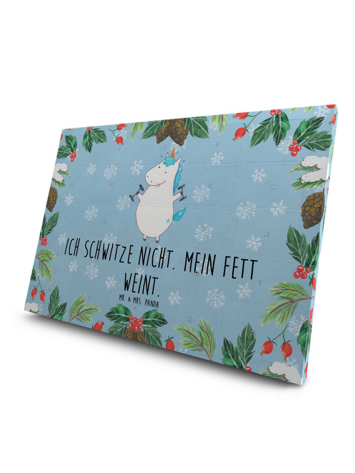 Adventskalender Einhorn Fitness mit Spruch in Eisblau