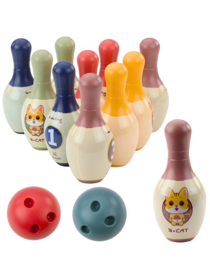 Bowling-Set mit Katzen für Kinder 10 Bowling-Pins 2 farbige Kugeln