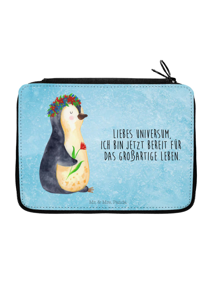 Etui Pinguin Blumen mit Spruch in Eisblau