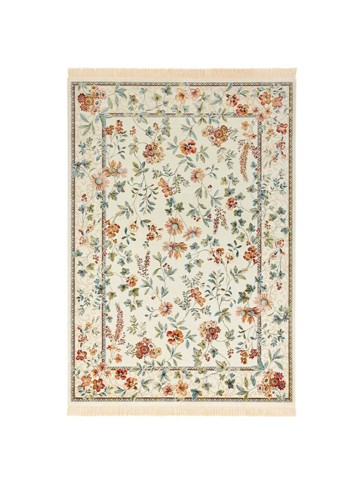 Orientalischer Samt Teppich Fransen Oriental Flowers in Creme