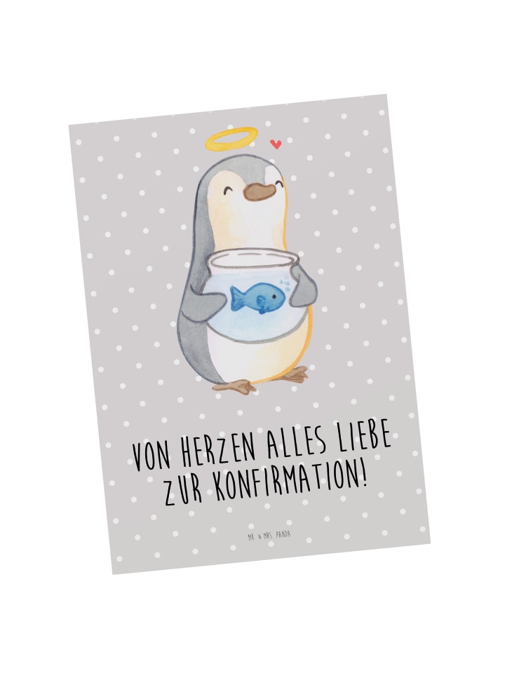 Grußkarte Pinguin Fisch mit Spruch in Grau Pastell
