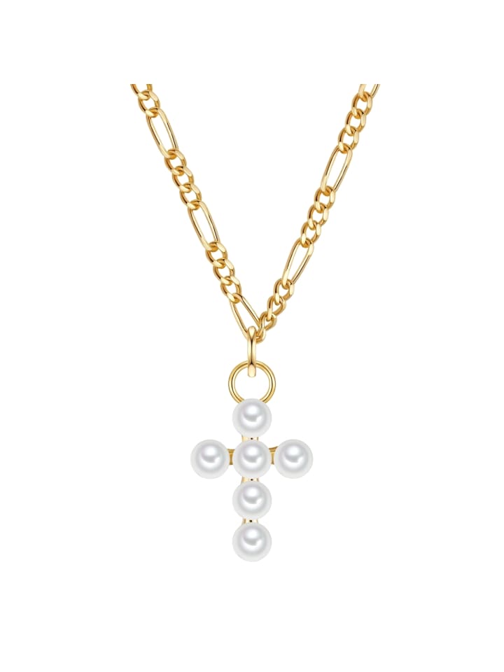 Kette Kreuz aus Sterling Silber mit Süßwasser-Zuchtperle in gelbgold