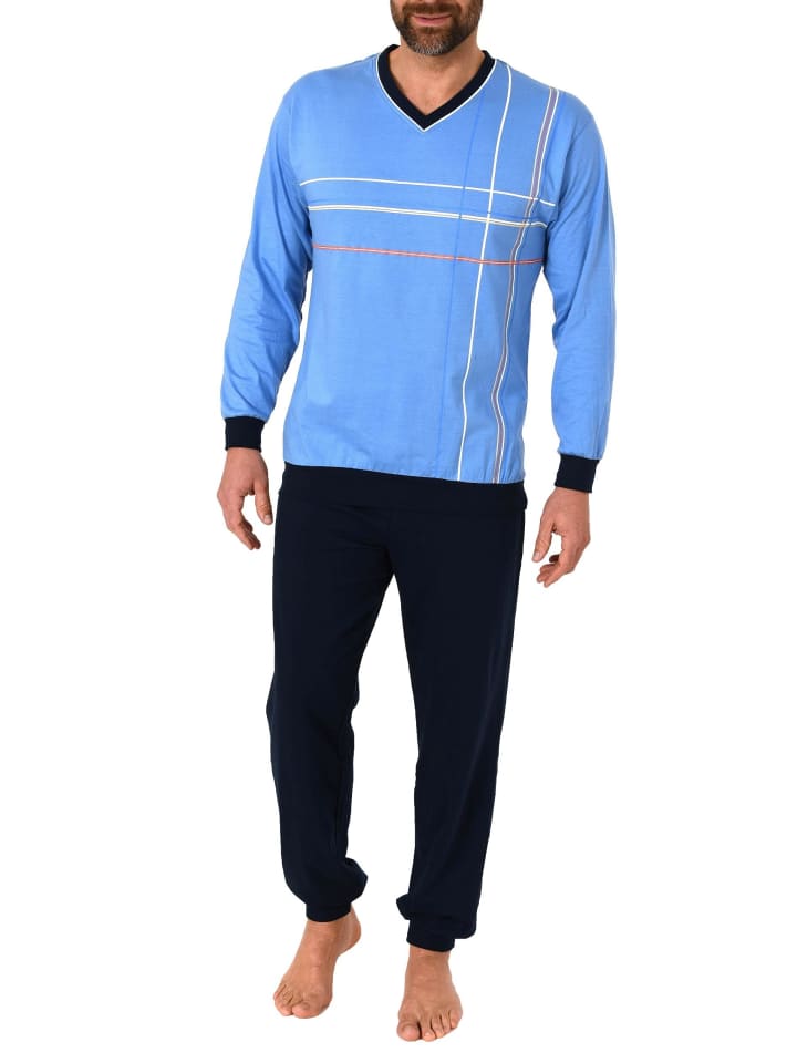 Pyjama Schlafanzug Bündchen und Vschnitt - 56309 in hellblau