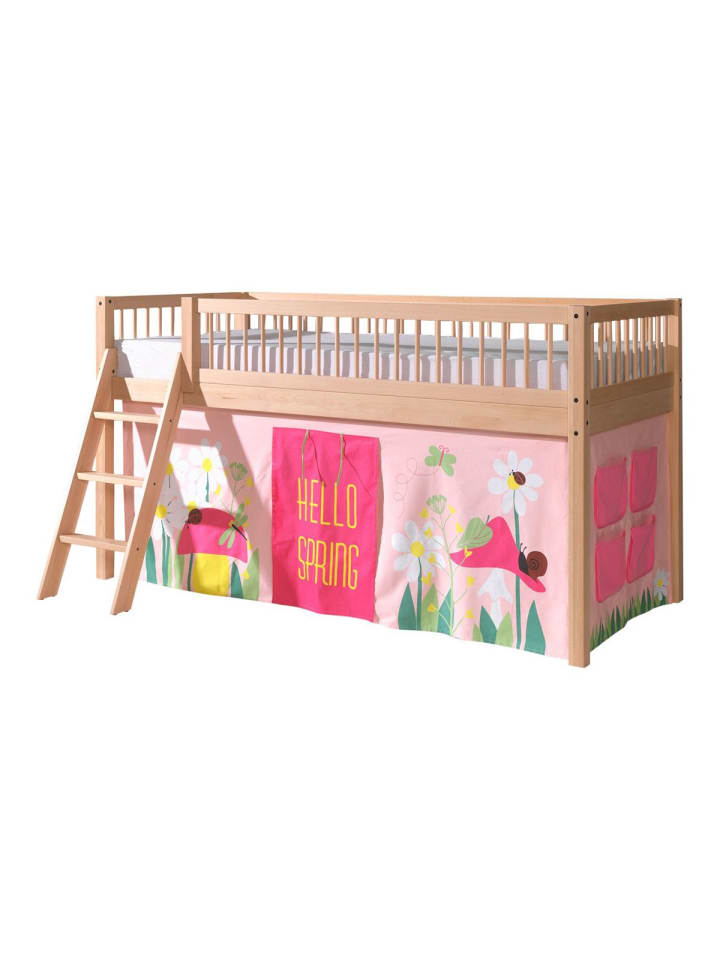 HALBHOHES BETT Kelci 90x200 Textilset Spring Buche Massivholz natur