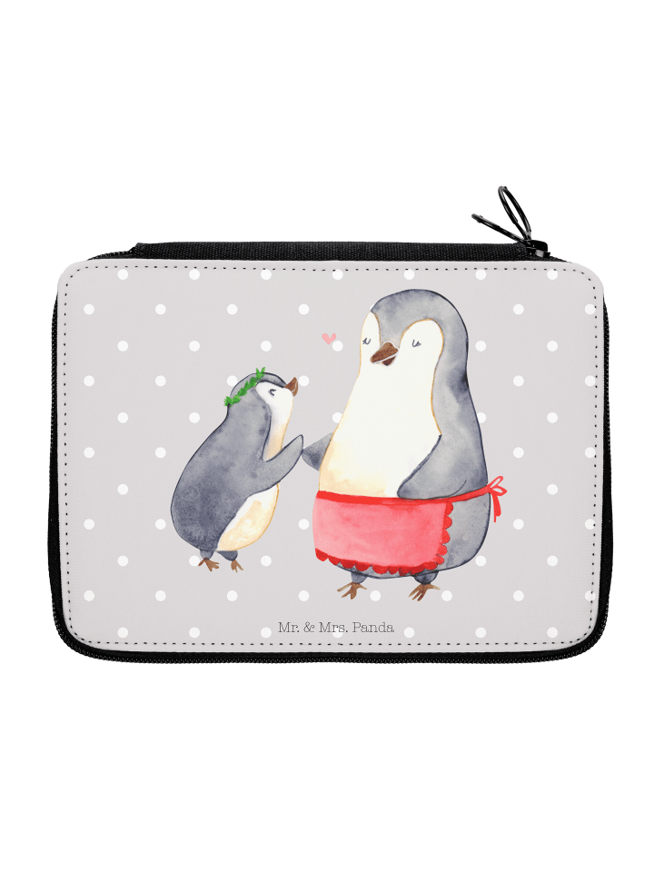 Federmäppchen Pinguin mit Kind ohne Spruch in Grau Pastell