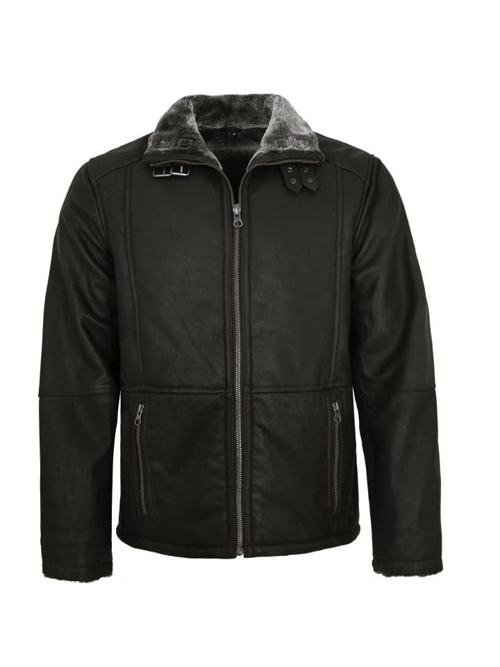 Lederjacke Lammnubuk Kunstfell in Schwarz