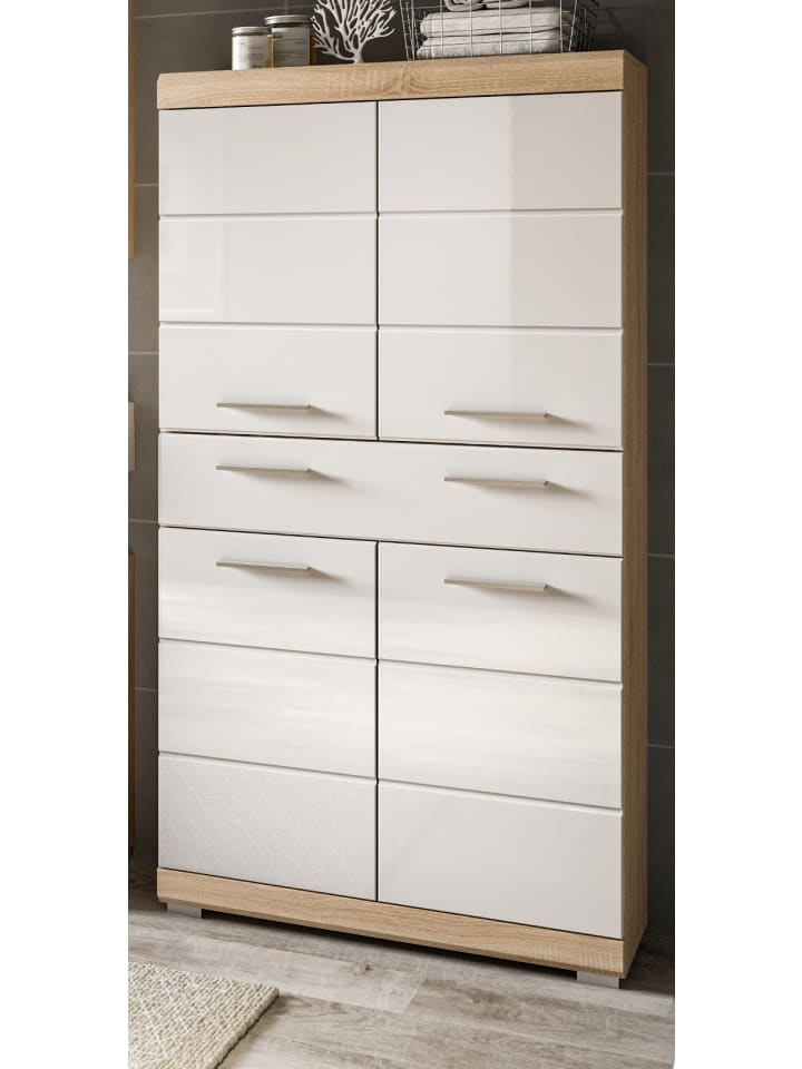Midischrank weiß Hochglanz, Eiche 74 cm, Badschrank 4-türig