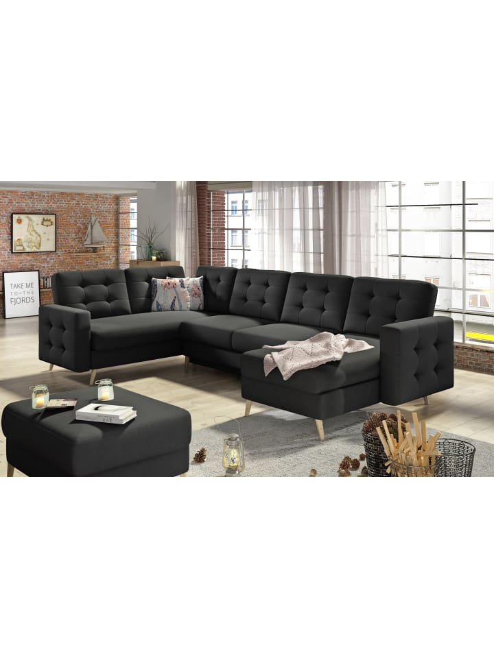 Ecksofa Thor in Webstoff Schwarz in Schwarz - (L) 320 x (B) 320 x (H) 90 cm