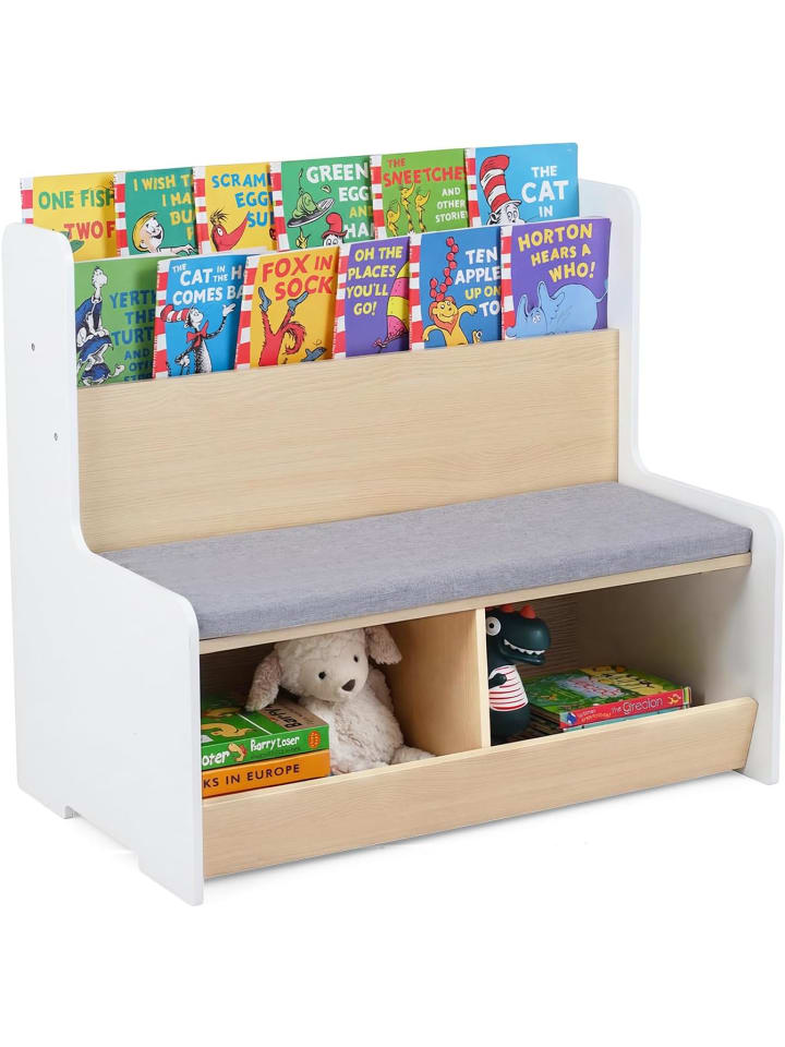 3-in-1 Kinderstuhl mit Bücherregal, Staufach & gepolstertem Sitz in Weiß