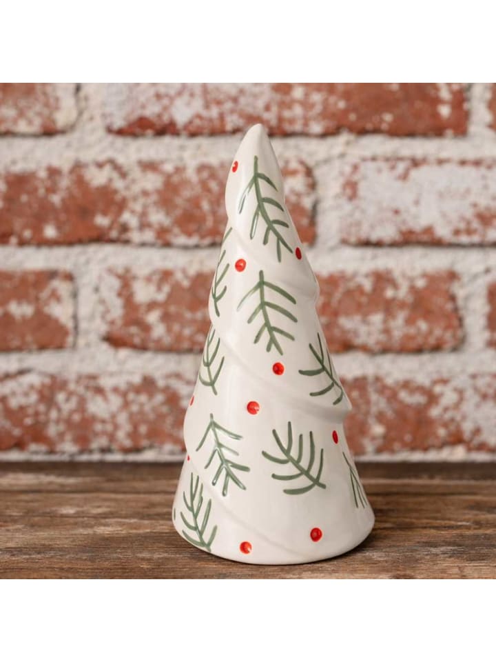 Deko Objekt TANNENBAUM Weiß mit Grünen Zweigen und Roten Punkten Keramik 21 cm