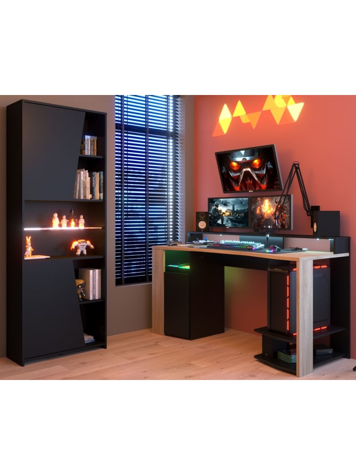 Schreibtisch-Set schwarz, Eiche, Tisch und Schrank inklusive LED-Beleuchtung