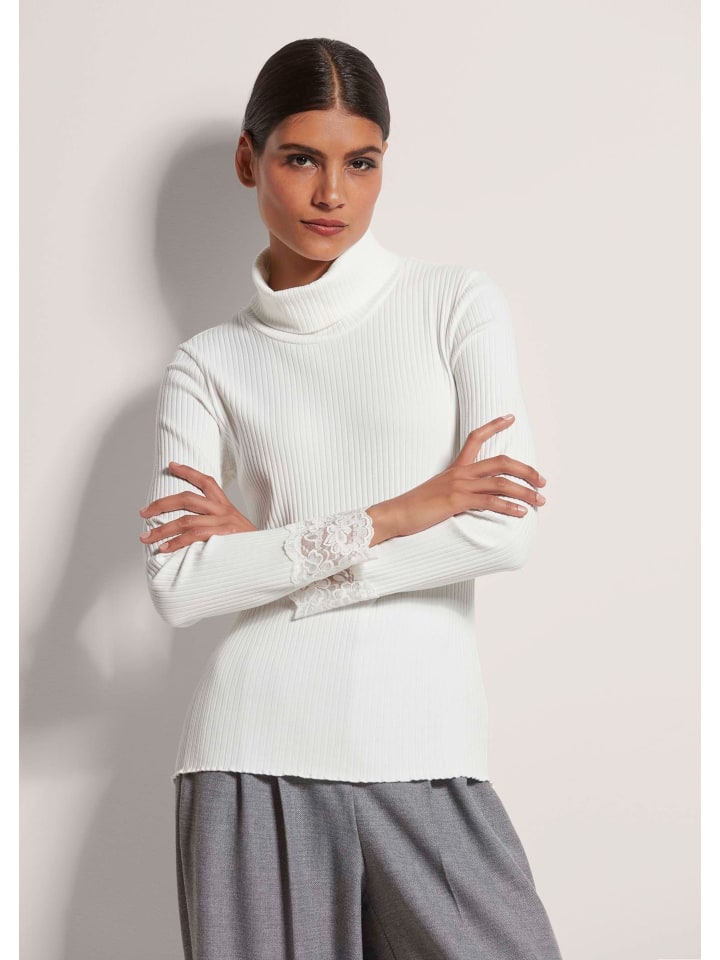Elegantes Basicshirt mit Spitze, Rollkragen in wollweiß
