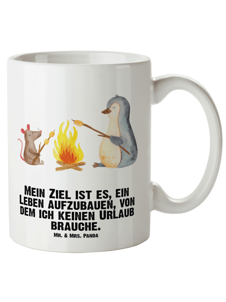 Kaffeepott Pinguin Lagerfeuer mit Spruch in Weiß