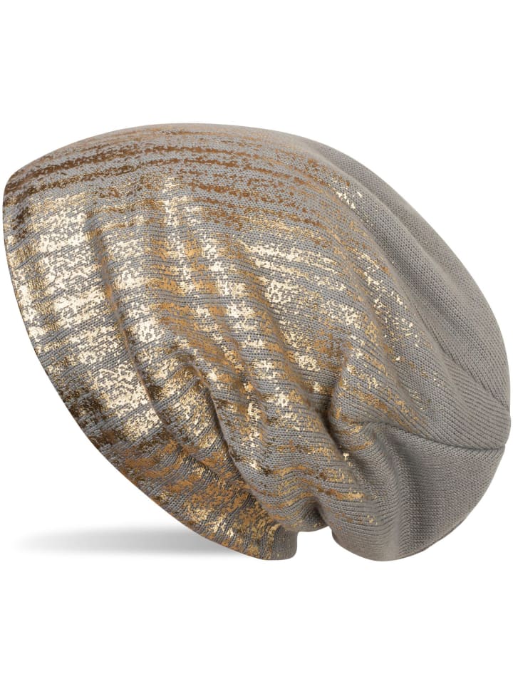 Feinstrick Beanie Mütze in Hellgrau / Gold