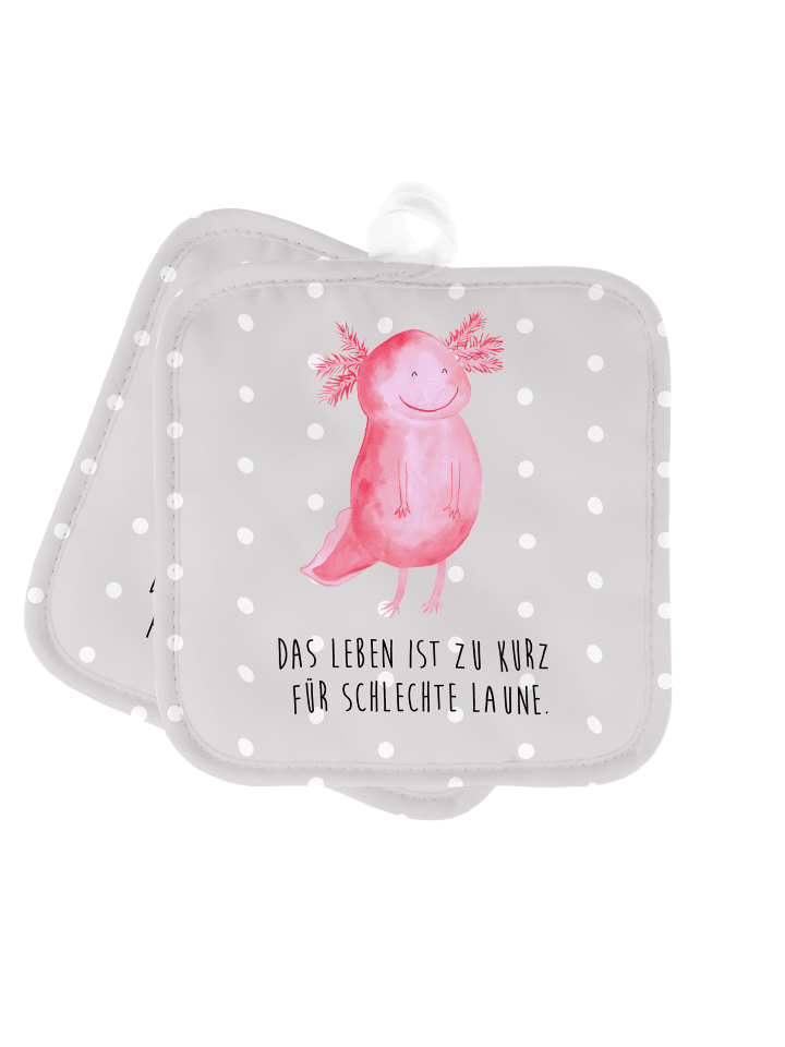 Topflappen Axolotl Glücklich mit Spruch in Grau Pastell