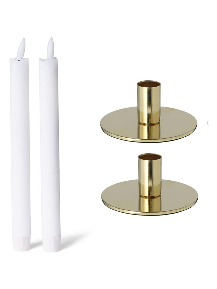 2er-Set Kerzenhalter Metall rund Gold 10x5cm mit LED Premium Echtwachs in Gold