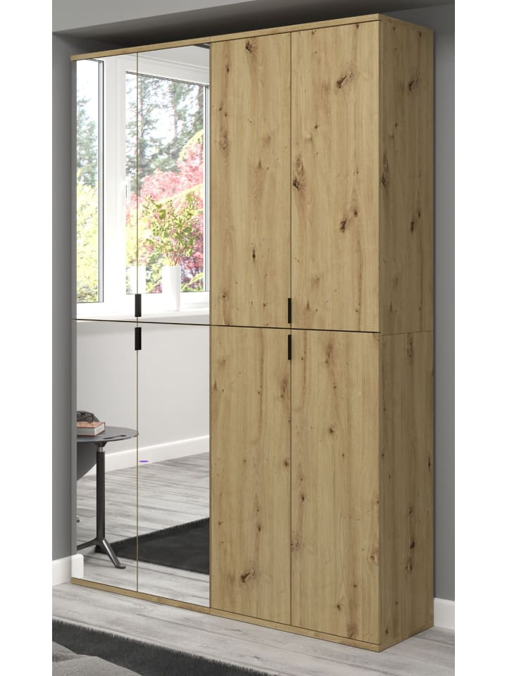 Garderobenschrank Eiche 122 cm, Flurschrank mit Spiegel
