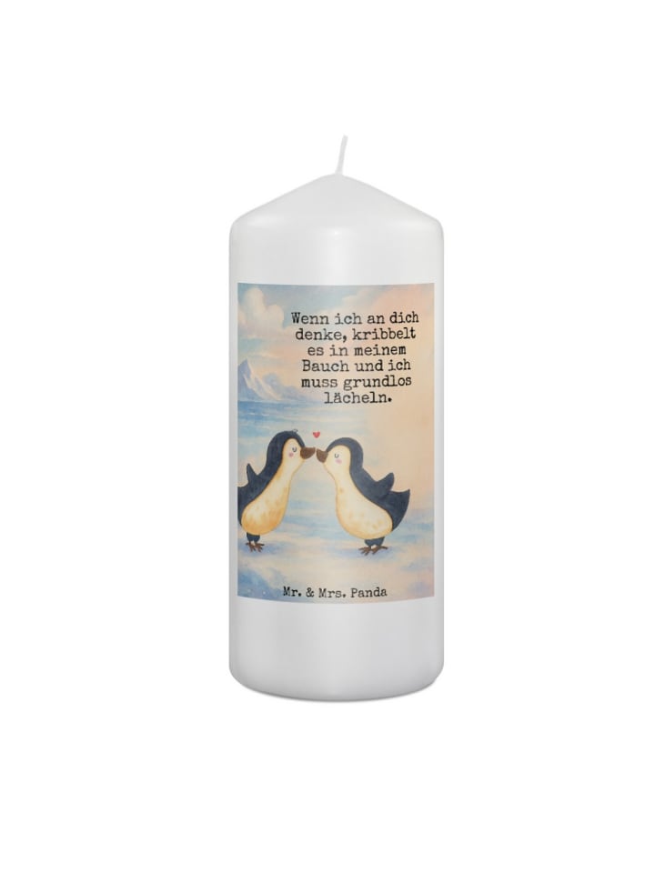 Kerze Pinguine Kuss Design mit Spruch in Weiß