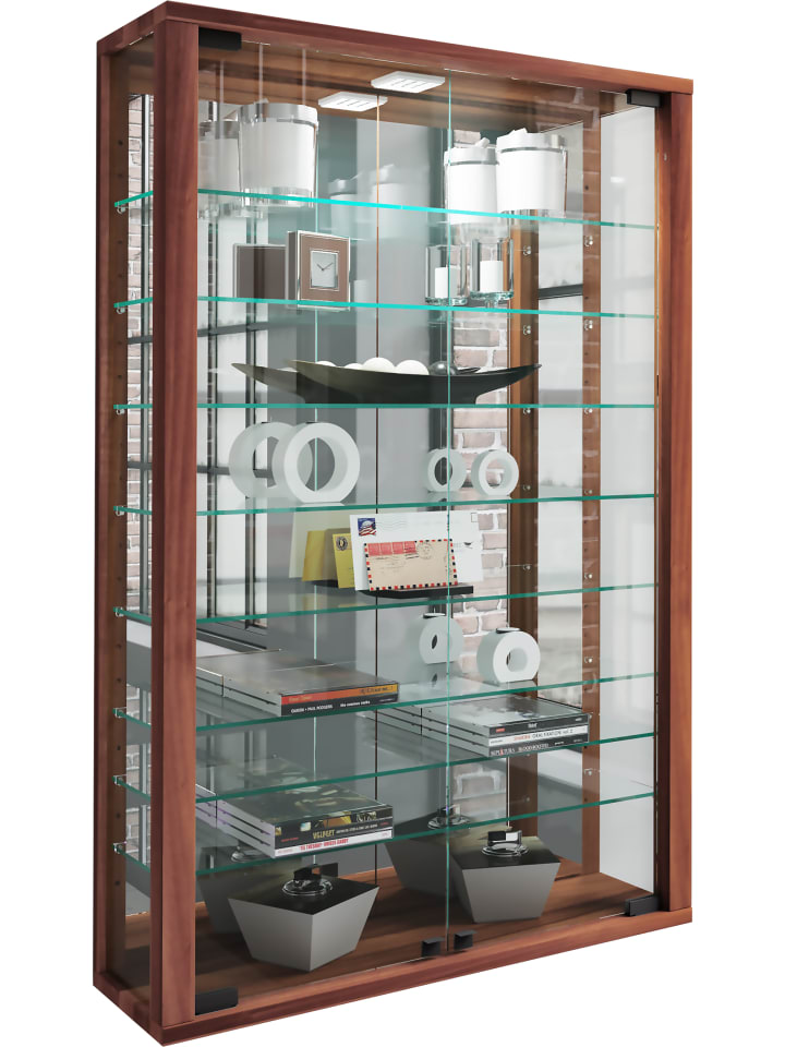 Wandvitrine Glasvitrine Vitrosa Mini Spiegel in Kern-Nussbaum
