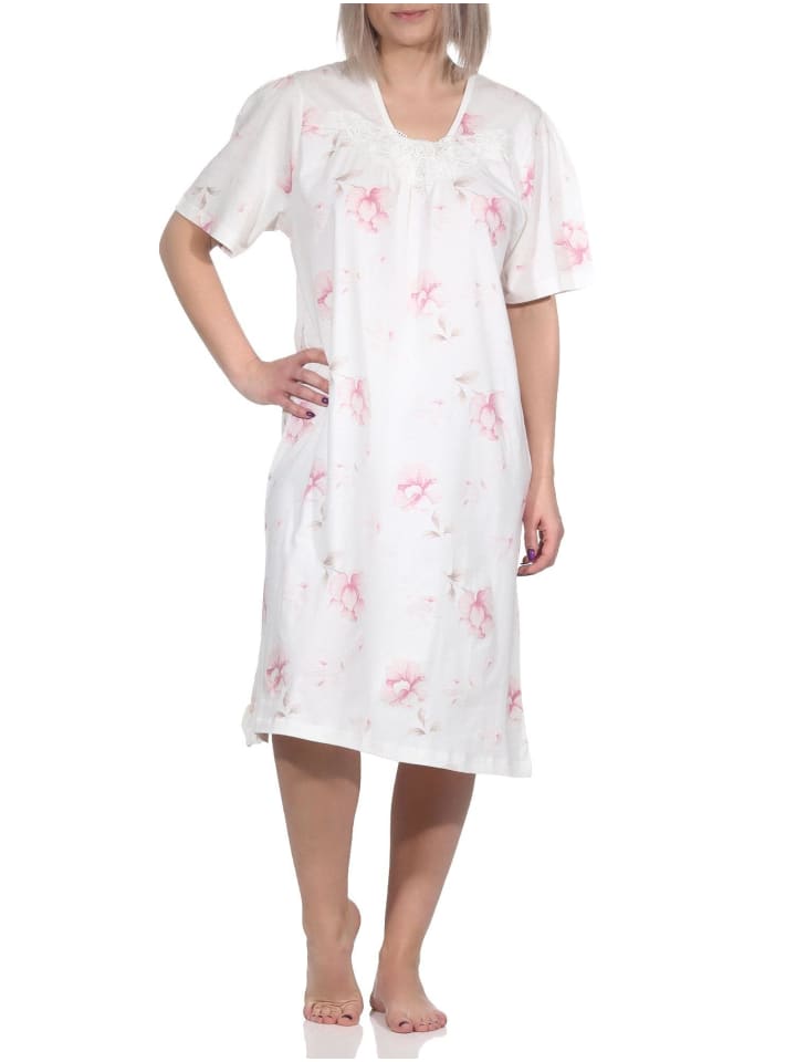 Nachthemd kurzarm Spitze und Knopfleiste am Hals geblümter - 79217 in rosa