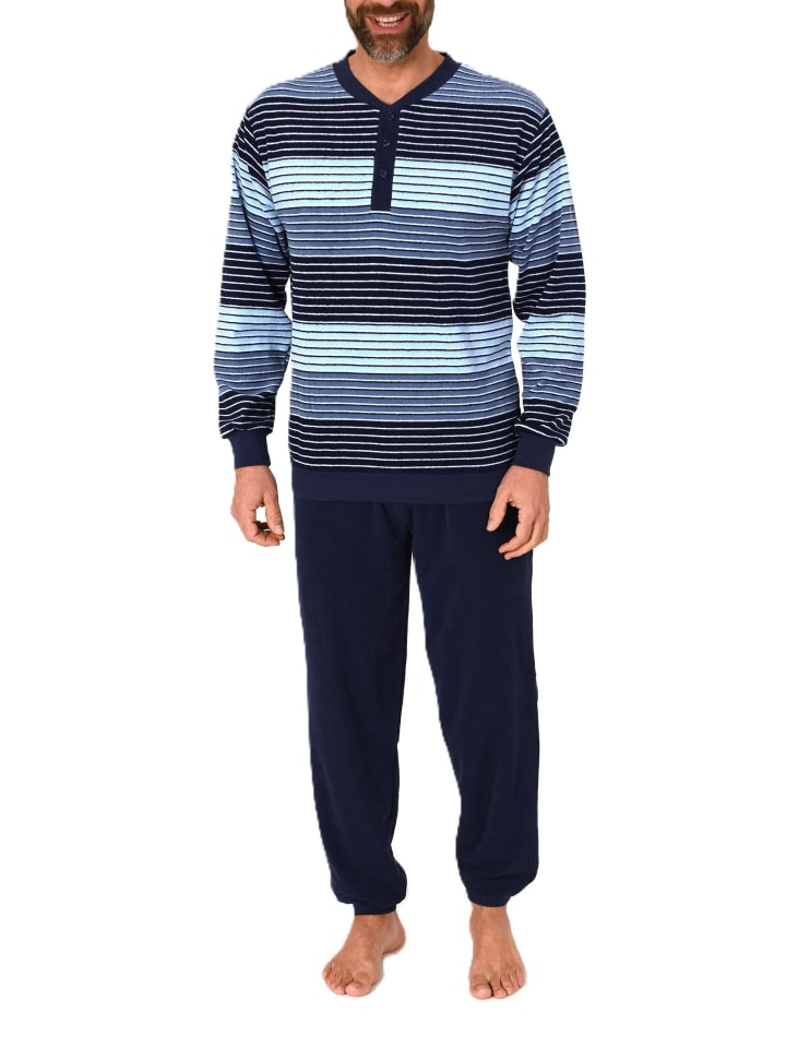 Langarm Schlafanzug Frottee Stretch Pyjama Bündchen - 86790 in hellblau