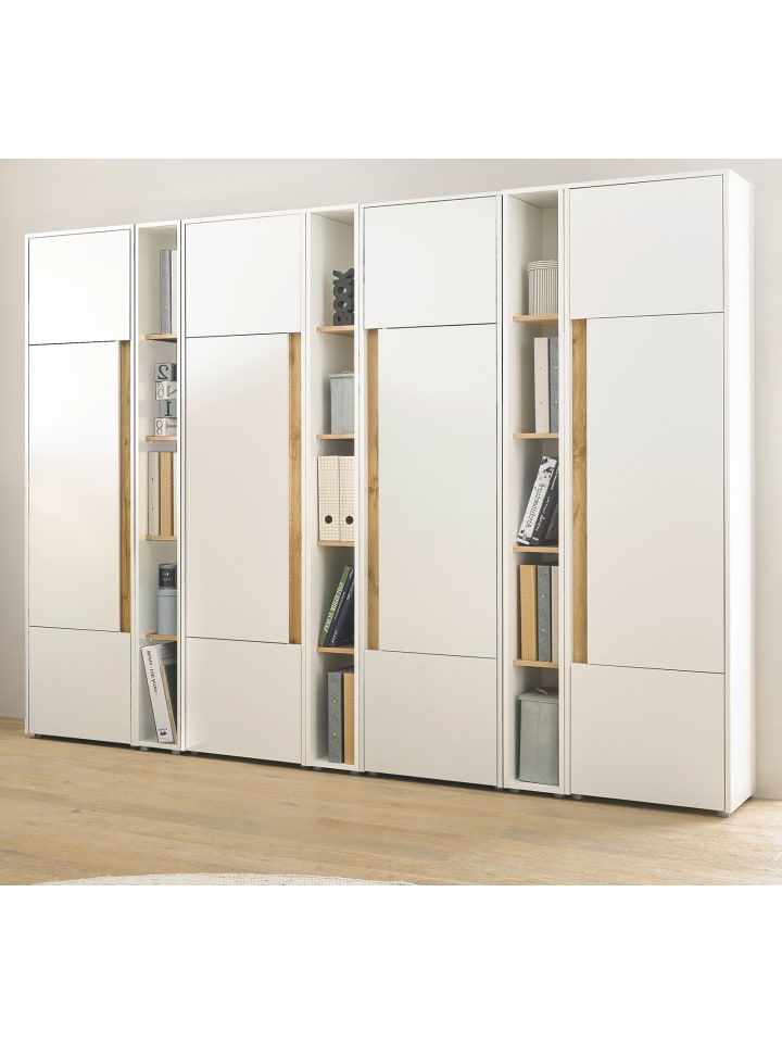 Aktenschrank Set 7-teilig weiß matt, Eiche 260 cm, Kombination mit 35 Fächern