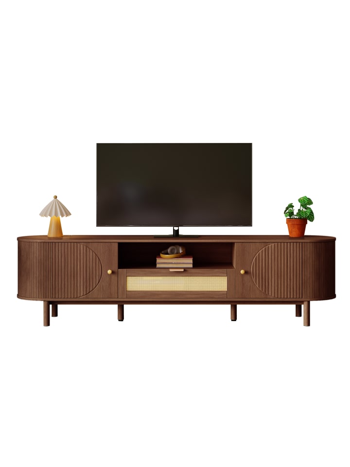 TV-Schrank in Nussbaum mit Rattan-Schubladen halbrunden Türen und Metallbeinen